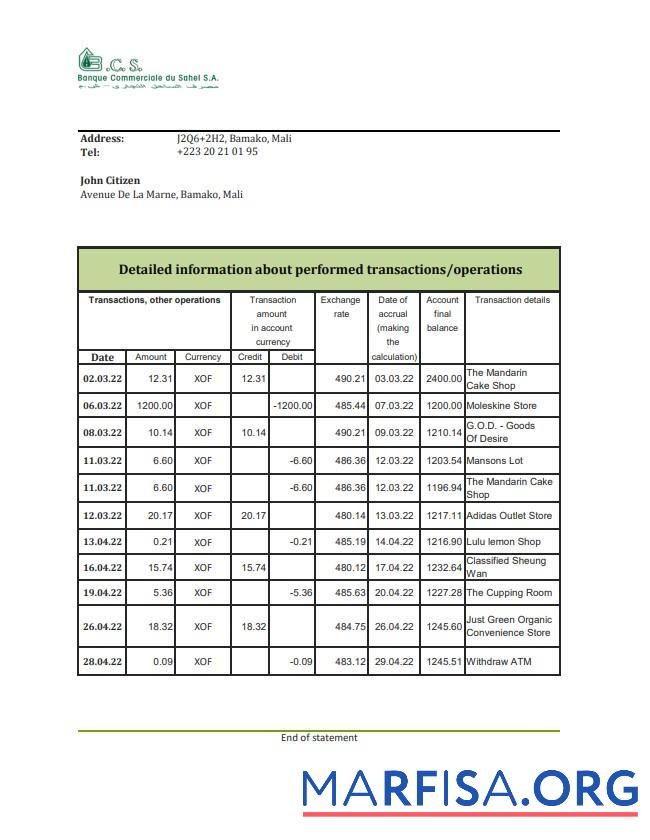 Realistic Mali Banque Commerciale du Sahel bank statement excel download for verification